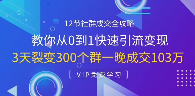 12节社群成交全攻略：从0到1快速引流变现，3天裂变300个群一晚成交103万-599资源坊