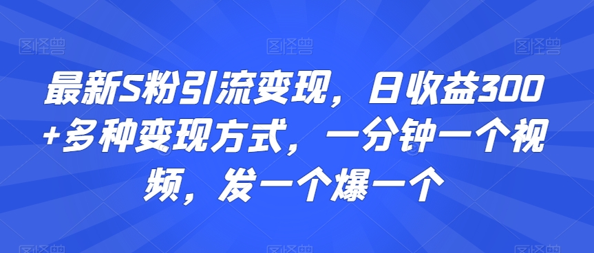 最新S粉引流变现，日收益300+多种变现方式，一分钟一个视频，发一个爆一个【揭秘】-599资源坊