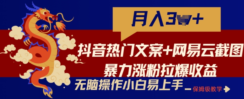 抖音热门文案+网易云截图暴力涨粉拉爆收益玩法，小白无脑操作，简单易上手【揭秘】-599资源坊