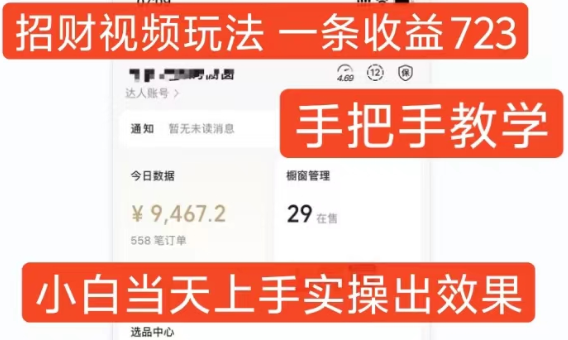 招财视频玩法，一条视频收益723，手把手教学，小白当天可上手-599资源坊