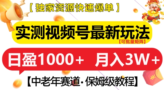 实测视频号最新玩法，中老年赛道，独家资源，月入过W+【揭秘】-599资源坊