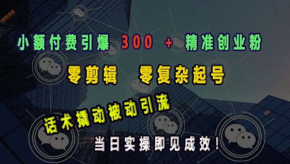 小额付费引爆 300 + 精准创业粉，零剪辑、零复杂起号，话术撬动被动引流，当日实操即见成效-599资源坊
