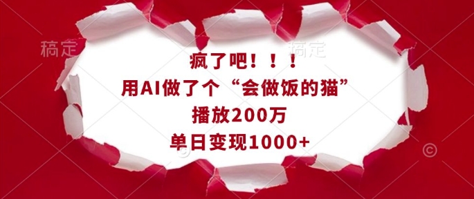 疯了吧！用AI做了个“会做饭的猫”，播放200万，单日变现1k-599资源坊
