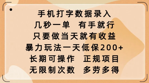手机打字数据录入，几秒一单，有手就行，只要做当天就有收益，暴力玩法一天低保2张-599资源坊