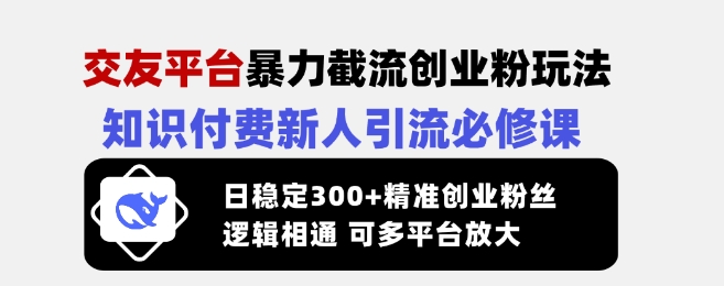 交友平台暴力截流创业粉玩法，知识付费新人引流必修课，日稳定300+精准创业粉丝，逻辑相通可多平台放大-599资源坊