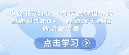 小红书3分钟一条作品精准引流创业粉300+，打造属于自己的流量帝国-599资源坊