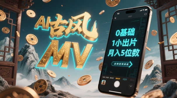 AI一键生成古风音乐MV，0剪辑基础1小时出片，多种变现渠道，一部手机月入5位数-599资源坊