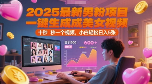 2025最新男粉项目，一键生成美女视频，日引600+色粉 十秒一个视频，小白轻松日入5张【揭秘】-599资源坊
