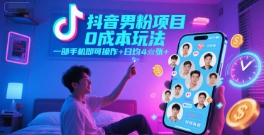 抖音男粉项目0成本玩法，一部手机即可操作，日均4张+，时间自由-599资源坊