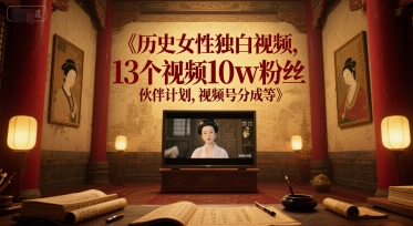 历史女性独白视频，13个视频10w粉丝，伙伴计划，视频号分成等-599资源坊