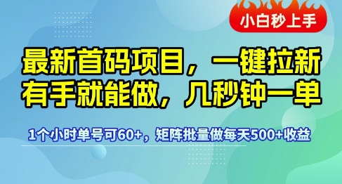 最新首码项目，一键拉新有手就能做，几秒钟一单，1个小时单号可60+，矩阵批量做每天5张【揭秘】-599资源坊