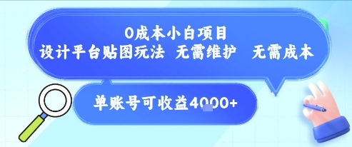0成本小白项目，设计平台贴图玩法，无需维护，无需成本，单账号单月可产生收益4k+-599资源坊