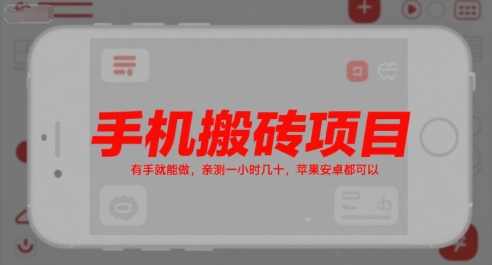手机搬砖项目，有手就能做，亲测一小时几十，苹果安卓都可以-599资源坊