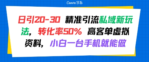 日引 20-30 精准引流私域新玩法，转化率50% 高客单虚拟资料，小白一台手机就能做-599资源坊