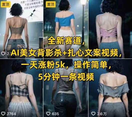 全新赛道，AI美女背影杀+扎心文案视频，一天涨粉5k，操作简单，5分钟一条视频-599资源坊