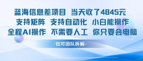 蓝海信息差项目当天收米1k+ 支持矩阵支持自动化小白能操作全程AI操作不需要人工你只要会电脑-599资源坊