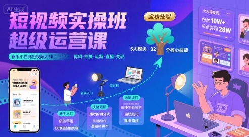 短视频实操班超级运营课，新手小白到短视频大神必修课程，剪辑-拍摄-运营-直播-变现-599资源坊