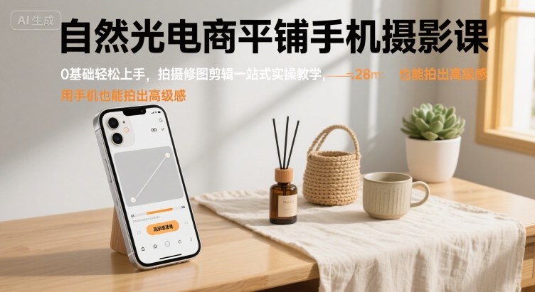 自然光电商平铺手机摄影课，0基础轻松上手，拍摄修图剪辑一站式实操教学，用手机也能拍出高级感-599资源坊