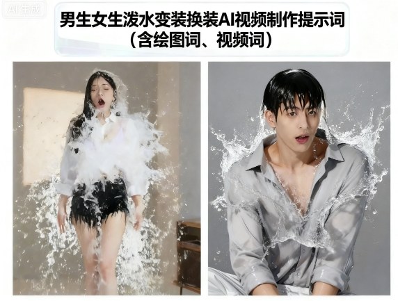 男生女生泼水变装换装AI视频制作提示词(含绘图词、视频词)-599资源坊