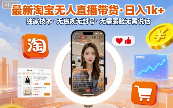 最新淘宝无人直播带货，日入1k+，独家技术，无违规无封号，无需露脸无需说话【揭秘】-599资源坊