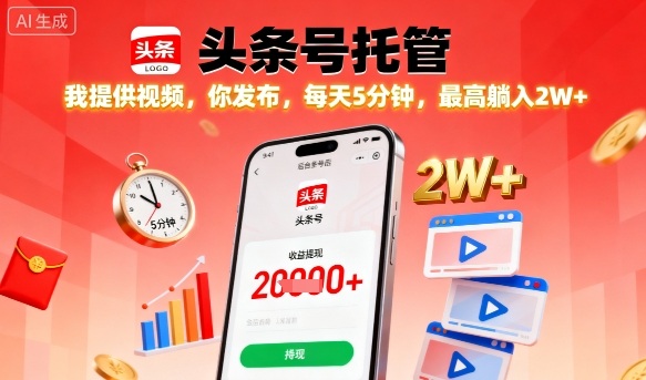 【头条号托管】我提供视频，你发布，每天5分钟，最高躺入2W+【揭秘】-599资源坊