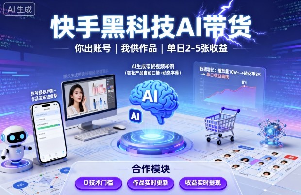 快手黑科技AI带货，你提供账号，我提供作品并发布，单日2-5张【揭秘】-599资源坊