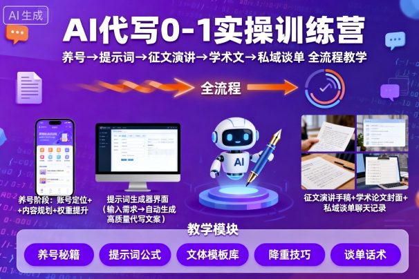 AI代写0-1实操训练营，从养号、提示词、征文演讲、学术文，到私域谈单的全流程教学-599资源坊