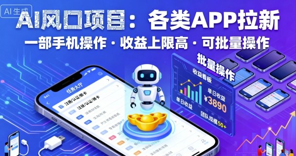 AI风口项目，各类APP拉新，一部手机就可以操作，收益上限高，可批量操作-599资源坊