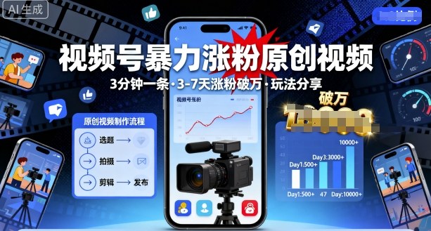 视频号暴力涨粉原创视频，3分钟一条原创视频，3-7天涨粉破万，玩法分享给你-599资源坊