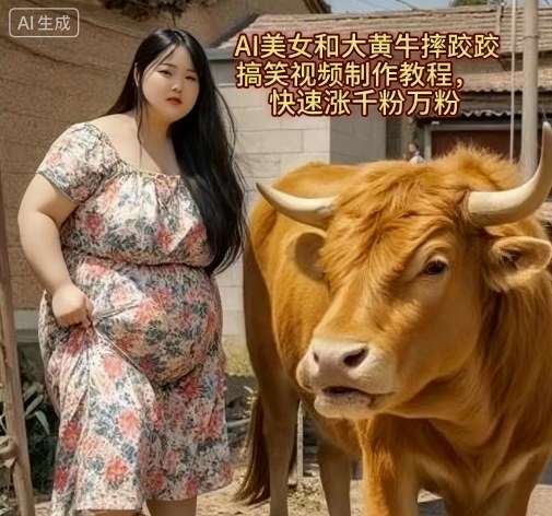 AI美女和大黄牛摔跤搞笑荒诞视频制作教程，快速涨千粉万粉-599资源坊