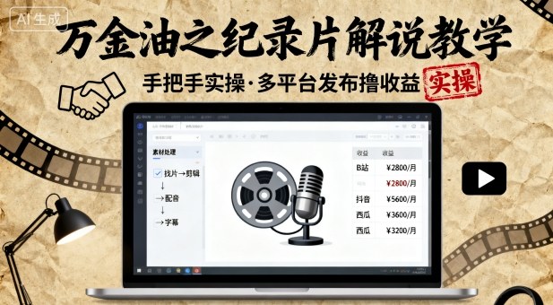 万金油之纪录片解说教学，手把手教你，完全实操，多平台发布撸收益-599资源坊