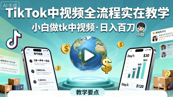 TikTok中视频全流程实操教学，小白做tk中视频，日入百刀-599资源坊