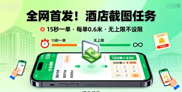 全网首发！酒店截图任务，15秒一单，每单0.6米，任务无上限不设限，矩阵操作单日3张到手【揭秘】-599资源坊