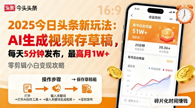 2025年今日头条躺賺新玩法，AI生成视频存草稿，每天5分钟发布，最高月1W+【揭秘】-599资源坊