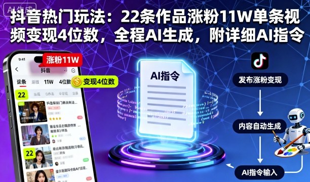 抖音热门玩法：22条作品涨粉11W单条视频变现4位数，全程AI生成，附详细AI指令-599资源坊