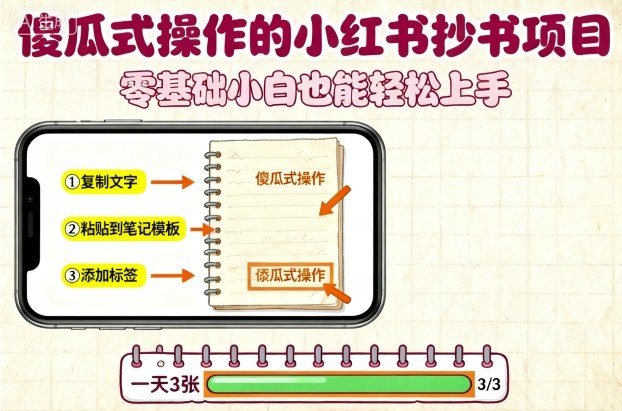 傻瓜式操作的小红书抄书项目，会复制粘贴就行，零基础小白也能一天3张-599资源坊